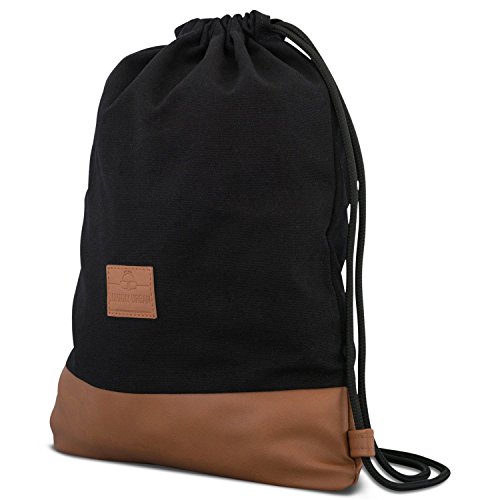 Mochila de Cuerda Negro/Marrón - JOHNNY URBAN Bolsa de Cuerdas para Hombre Mujer Niños y Adolescentes - Mochilas Cordón de Gimnasio - Bolsa Deporte de Algodón y Cuero Vegano