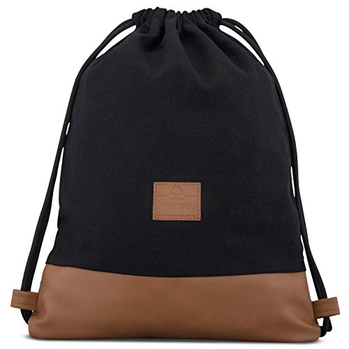 Mochila de Cuerda Negro/Marrón - JOHNNY URBAN Bolsa de Cuerdas para Hombre Mujer Niños y Adolescentes - Mochilas Cordón de Gimnasio - Bolsa Deporte de Algodón y Cuero Vegano