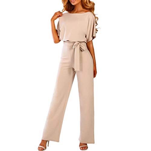 Monos de Vestir Mujer, SUNNSEAN Pantalones Largos Elegante Verano Tallas Grandes Mono de Manga Corta señoras Jumpsuit Monos Mujer Fiesta Playsuits con Cinturón de Lazo Clubwear Monos