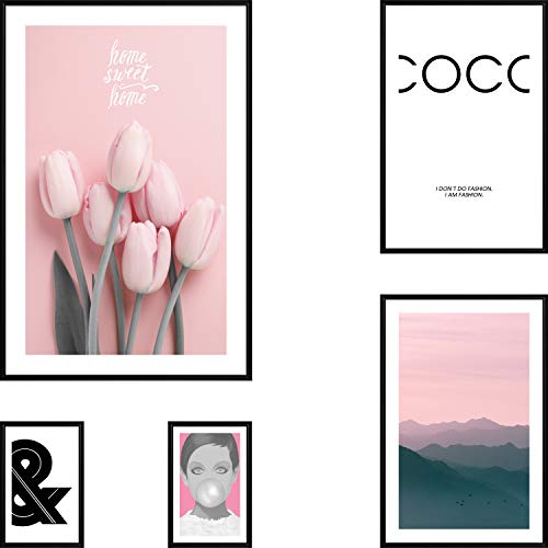 murando Poster Conjunto de 5 Carteles Colección de Posters Cuadro Impresos Póster con Motivos Artísticos Galería de Pared Serie de Carteles Modernos Tulipanes Coco Mujer Home Paisaje Rosa Blanco