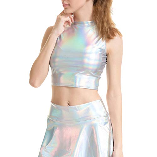 Mxssi Top Corto Cuello Alto Sin Mangas Metálico Wetlook Mujer Sin Mangas Cuero Líquido Holográfico Rave Club Dance