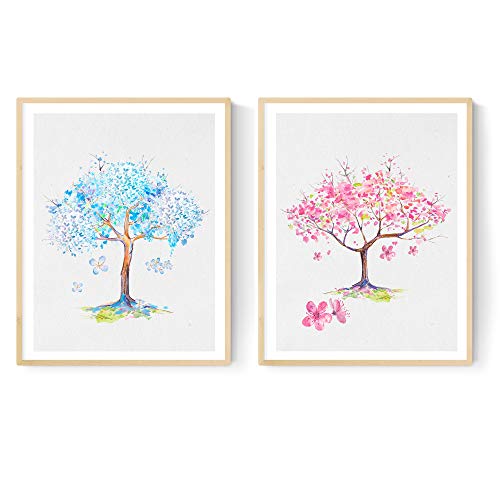 Nacnic Set de 2 láminas para enmarcar Arbol Rosa, Arbol Azul Estilo Acuarela. Posters con imágenes de Naturaleza en tamaño A3. Decoración de hogar. Papel 250 Gramos