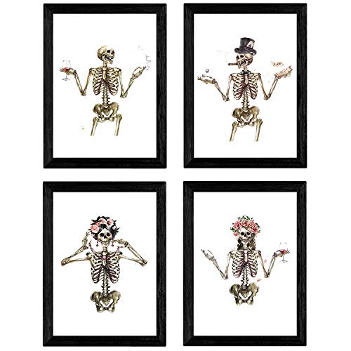 Nacnic Set de 4 láminas Cuatro Esqueletos con Disfraces. Posters con imágenes de Calaveras. Tamaño A4 sin Marco