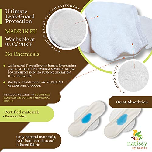 Natissy Salvaslips de tela reutilizables, 7-Pack Protege Slips de bambú con alas HECHAS EN LA UE, Compresas Ecológicas sin PUL, Toallas Sanitarias para uso diario y flujo blanco, NO para menstruación