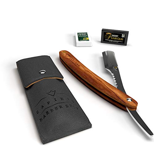 Navaja de Afeitar de Barbero Tradicional de Sapiens - Accesorio Profesional de Afeitado de Barba con su Estuche y 10 Cuchillas Derby