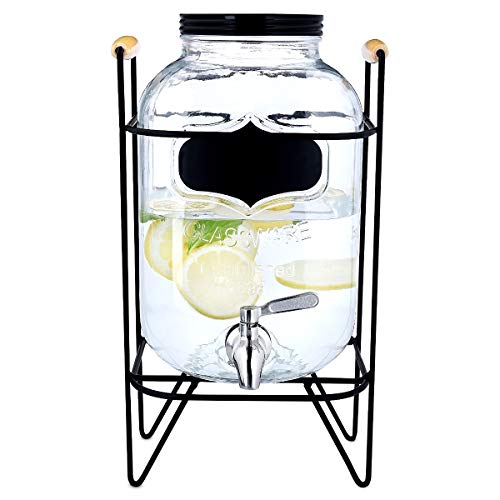 Navaris Dispensador de Bebidas con Grifo - Recipiente de Vidrio de 5 L - Botella de Cristal con Base y Cierre Giratorio - Garrafa con dosificador
