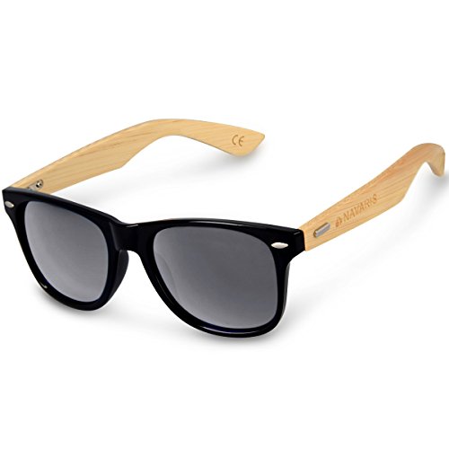 Navaris Gafas de sol UV400 - Gafas de madera para hombre y mujer - Gafas de sol con patillas de madera - Negro