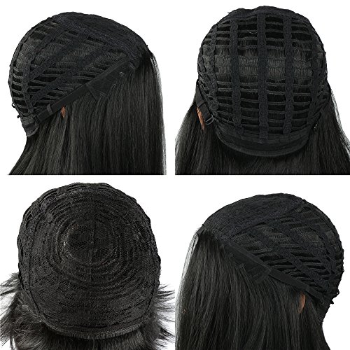 Negro Bob peluca corta 14 pulgadas plana flequillo Longitud del hombro Seda sintética suave Color natural peluca de las mujeres