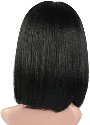 Negro Bob peluca corta 14 pulgadas plana flequillo Longitud del hombro Seda sintética suave Color natural peluca de las mujeres