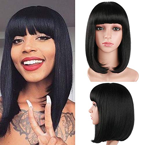 Negro Bob peluca corta 14 pulgadas plana flequillo Longitud del hombro Seda sintética suave Color natural peluca de las mujeres