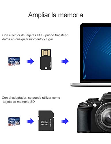 Netac Tarjeta de Memoria de 64GB, Tarjeta Memoria microSDXC(A1, U3, C10, V30, 4K, 667X) UHS-I Velocidad de Lectura hasta 100 MB/s, Tarjeta TF para Móvil, Cámara Deportiva, Switch, Gopro, Tableta