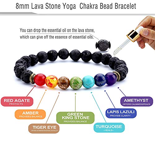 NewChiChi Pulsera de cuentas de lava, 8mm Aceite esencial Difusor Obsidiana Roca Elástica Yoga Ágata Cuentas Pulseras, Piedra natural para curar, Meditación, Aterrizaje, Confianza en sí mismo, Aromath