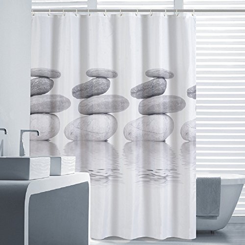 Norcho 180x180CM Cortina de baño de Tela Impermeable Resistente al Moho con Imagen de Gris Guijarro Cortina de Ducha de Fodo Blanco con 12 Anillos (A)