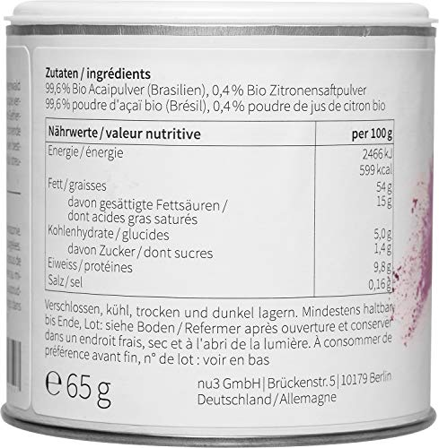 nu3 Acai Orgánico en Polvo–Bayas de açai molidas (65g) – Súper alimento ecológico directo del Amazonas – Ideal en batidos, smoothies, avena y desayunos saludables – Calidad natural por secado suave