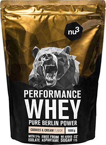 nu3 Performance Whey Protein Cookies & Cream - 1kg de proteina de suero en polvo - Con 74.3% de proteína whey - Con aminoácidos BCAAs + proteína aislada (isolate) - Batido proteico altamente soluble