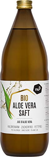 nu3 Zumo de Aloe Vera Orgánico - 1L en botella de cristal - Gel de aloe vera puro - Jugo de aloe vera 100% ecológico - Ideal para bebidas refrescantes - Detox, vegan, natural y sin diluir