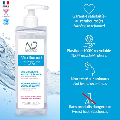 NUBIANCE - 2x500ml Agua Micelar Purificante, Express 3-en-1, Alta Tolerancia, Gran Formato 500ml Miceliancia 0%. Piel Sensible, Mixta a Grasa, 500ml, Limpia Impurezas