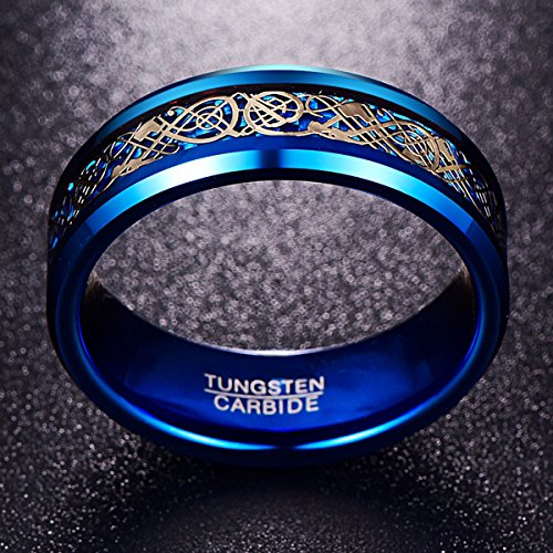 NUNCAD Anillo Hombre Mujer Unisex de Tungsteno Azul con Dragón Celta y Fibras de Carbono 8mm para Boda Regalo Compromiso Compañía Talla 65 (Diámetro Interior 20,6mm)