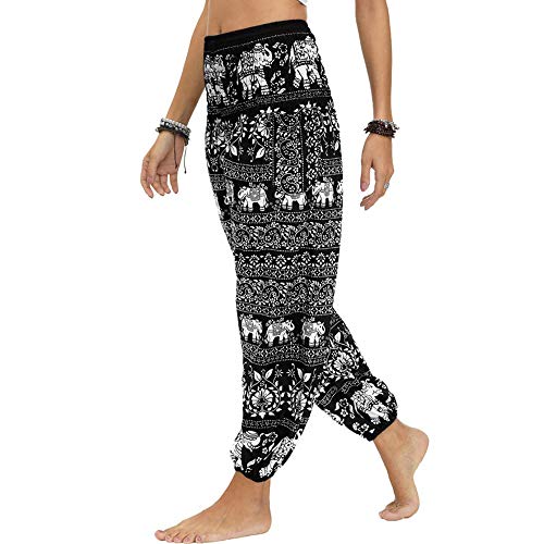 Nuofengkudu Mujer Hippies Pantalones Harem Tailandeses Boho Estampados Bolsillos Cintura Alta Baggy Yoga Pants Verano Playa Fiesta (Negro Elefante,Talla única)