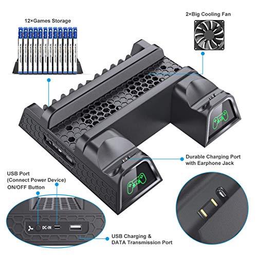 OIVO Soporte Vertical con Ventilador de Refrigeración para PS4/PS4 Pro/PS4 Slim, Estación de Carga del Controlador con Indicadores LED y Almacenamiento para 12 Juegos