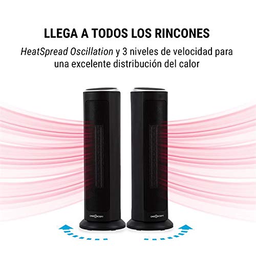 Oneconcept Heat Spire - Calefactor de Torre, Calentador Ventilador, Temporizador 8 h, Termostato, 3 velocidades, Oscilador, Calor Ajustable, Panel de Control táctil, Mando a Distancia, Negro