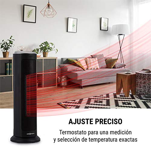 Oneconcept Heat Spire - Calefactor de Torre, Calentador Ventilador, Temporizador 8 h, Termostato, 3 velocidades, Oscilador, Calor Ajustable, Panel de Control táctil, Mando a Distancia, Negro