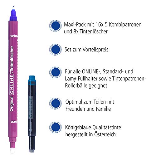 Online - Pack de 80 cartuchos de tinta y 8 borradores de tinta, cartuchos de tinta universales para pluma estilográfica Lamy y estándar, cartuchos de gran capacidad en azul real, borrables, lavables