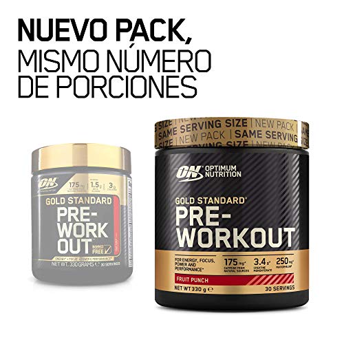 Optimum Nutrition Gold Standard Pre Workout en Polvo, Bebida Energética con Creatina Monohidratada, Beta Alanina, Cafeína y Vitamina B Complex, Fruit Punch, 30 Porciones, 330g, Embalaje Puede Variar