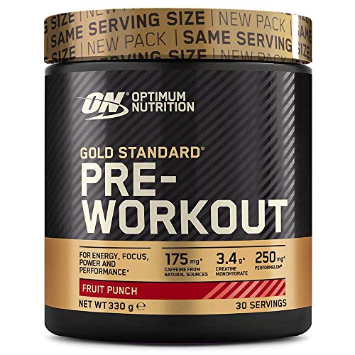 Optimum Nutrition Gold Standard Pre Workout en Polvo, Bebida Energética con Creatina Monohidratada, Beta Alanina, Cafeína y Vitamina B Complex, Fruit Punch, 30 Porciones, 330g, Embalaje Puede Variar