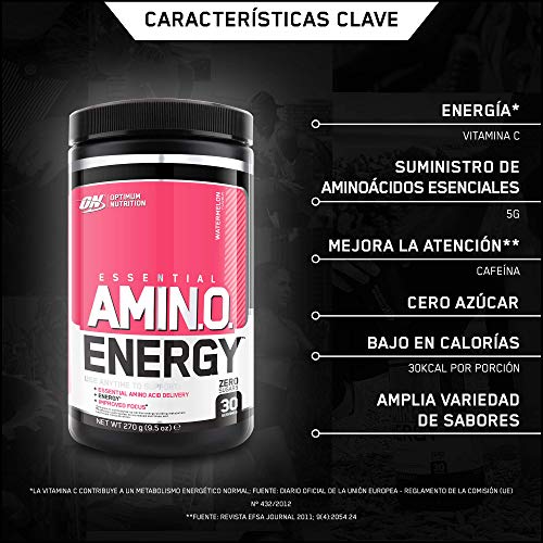 Optimum Nutrition ON Amino Energy Pre Workout en Polvo, Bebida Energética con Beta Alanina, Vitamina C, Cafeína, Aminoacidos Incluyendo BCAA, Sandía, 30 Porciones, 270g, Embalaje Puede Variar