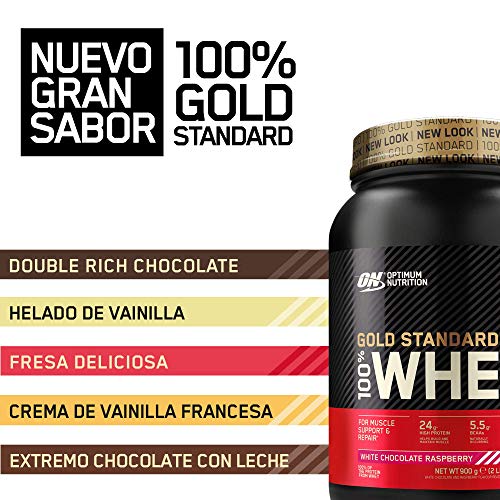 Optimum Nutrition ON Gold Standard 100% Whey Proteína en Polvo Suplementos Deportivos, Glutamina y Aminoacidos, BCAA, Chocolate Blanco y Frambuesa, 30 Porciones, 900 g, Embalaje Puede Variar