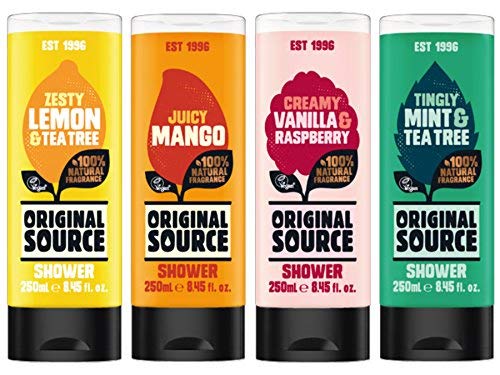 Original Source gel de baño Juego 4 x 250 ml Exótico Fragancias mango, limón & Tea Tree, vainilla & Fresa, menta & Tea Tree