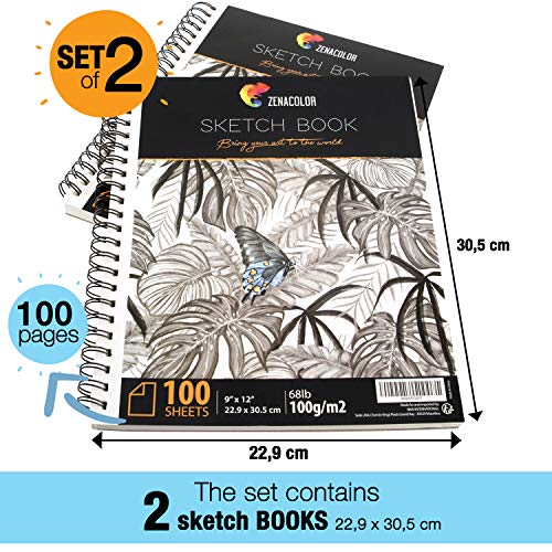Pack de 2 x Bloc de Dibujo Profesional, A4 (9”x12”) con Espiral - 200 x Hojas Blancas (100gr) - Cuadernos de Dibujo con Tapa Rígida - Block de Páginas Vírgenes para Dibujar, Garabatear