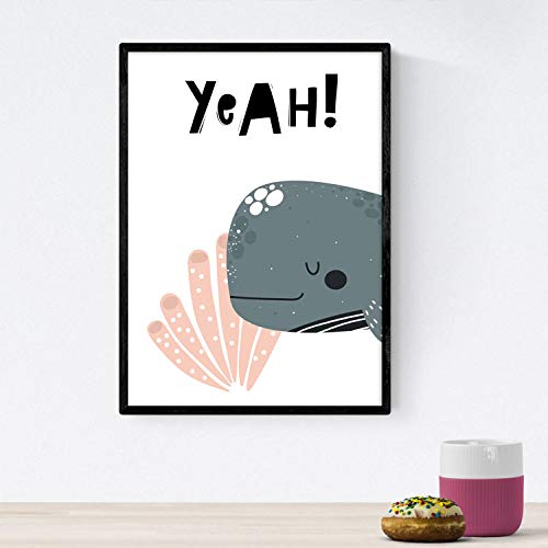 Pack de Cuatro Posters con Ilustraciones de Ballenas. Láminas con imágenes Infantiles de Ballenas. Ballenas de Colores Rosa Naranja y Gris con Mensajes positivos. Tamaño A4 sin Marco