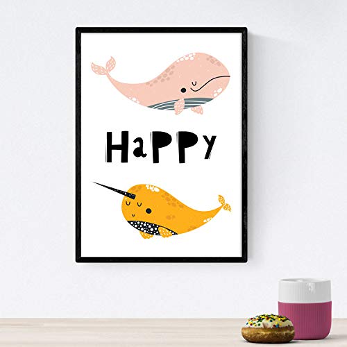 Pack de Cuatro Posters con Ilustraciones de Ballenas. Láminas con imágenes Infantiles de Ballenas. Ballenas de Colores Rosa Naranja y Gris con Mensajes positivos. Tamaño A4 sin Marco