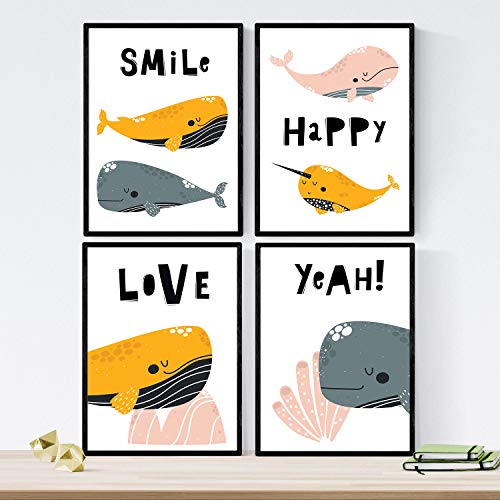 Pack de Cuatro Posters con Ilustraciones de Ballenas. Láminas con imágenes Infantiles de Ballenas. Ballenas de Colores Rosa Naranja y Gris con Mensajes positivos. Tamaño A4 sin Marco