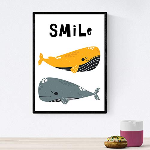 Pack de Cuatro Posters con Ilustraciones de Ballenas. Láminas con imágenes Infantiles de Ballenas. Ballenas de Colores Rosa Naranja y Gris con Mensajes positivos. Tamaño A4 sin Marco