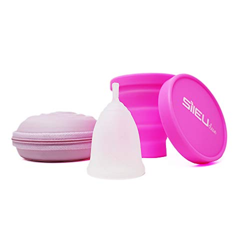 Pack Sileu Travel: Copa menstrual Rose - Modelo de iniciación - Talla S, Transparente, Flexibilidad Standard + Estuche de Flor Rosa + Esterilizador Plegable, Rosa