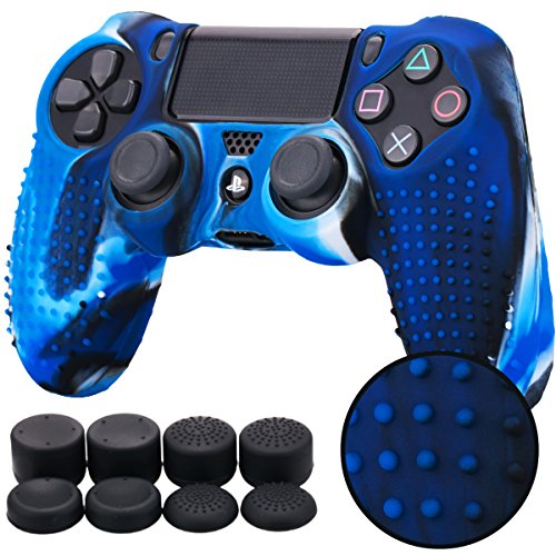 Pandaren® TACHONADO de silicona Fundas protectores de piel antideslizante para el PS4 Mando x 1 (camuflaje azul) + FPS PRO thumb grip x 8