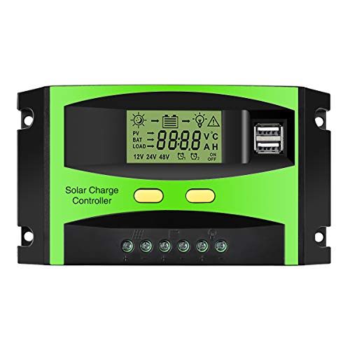 Panel Solar Controlador MOHOO Controlador Inteligente de Carga Solar 12V / 24V LCD con Puerto USB Pantalla Controlador de Carga Solar Ajuste de Temperatura