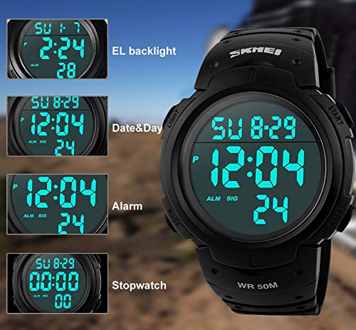 Para la práctica de deportes de los relojes digitales - al aire libre impermeable Deporte Reloj con alarma, Big Face Military muñeca relojes con retroiluminación LED para running hombres - Negro VDSOW