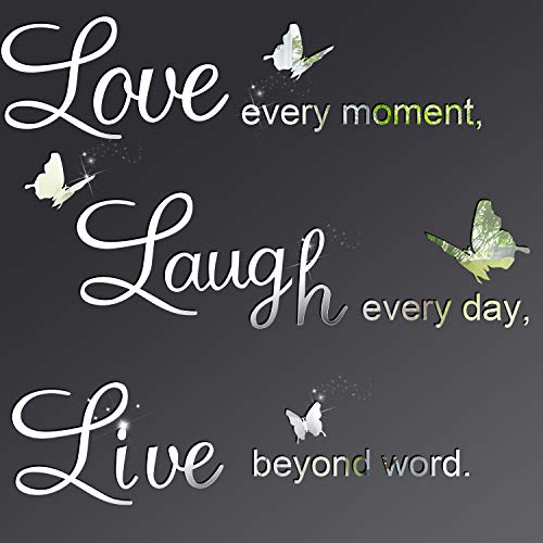 Pegatinas de Pared de Espejo de Plata DIY Love Every Moment, Live Beyond Words, Laugh Every Day con 12 Calcomanías Murales Extraíbles de Mariposa 3D para Decoración de Hogar, 3 Letras L y 2 Tablas