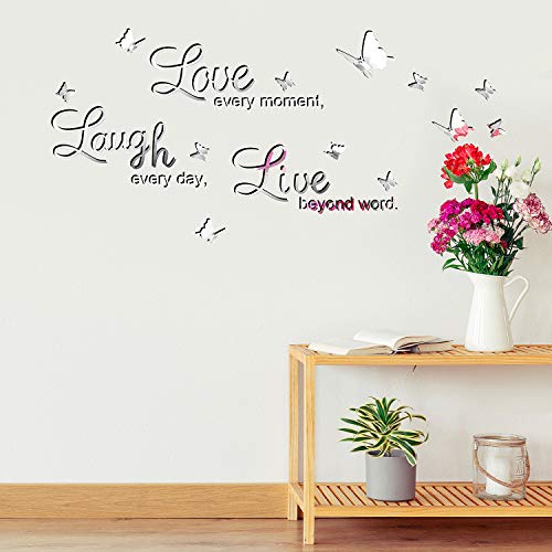 Pegatinas de Pared de Espejo de Plata DIY Love Every Moment, Live Beyond Words, Laugh Every Day con 12 Calcomanías Murales Extraíbles de Mariposa 3D para Decoración de Hogar, 3 Letras L y 2 Tablas