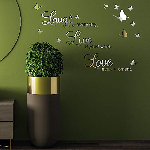 Pegatinas de Pared de Espejo de Plata DIY Love Every Moment, Live Beyond Words, Laugh Every Day con 12 Calcomanías Murales Extraíbles de Mariposa 3D para Decoración de Hogar, 3 Letras L y 2 Tablas