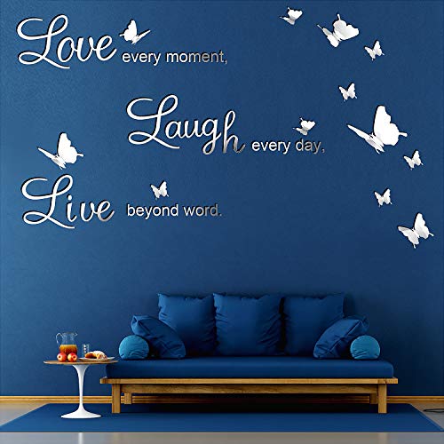 Pegatinas de Pared de Espejo de Plata DIY Love Every Moment, Live Beyond Words, Laugh Every Day con 12 Calcomanías Murales Extraíbles de Mariposa 3D para Decoración de Hogar, 3 Letras L y 2 Tablas