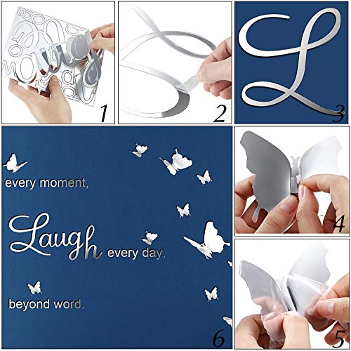 Pegatinas de Pared de Espejo de Plata DIY Love Every Moment, Live Beyond Words, Laugh Every Day con 12 Calcomanías Murales Extraíbles de Mariposa 3D para Decoración de Hogar, 3 Letras L y 2 Tablas