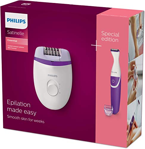 Philips BRP505/00 - Kit de depilación para cuerpo y camiseta (incluye depiladora eléctrica Satinelle Essential, recortador Bikini, zapata de 3 mm y funda de lujo)