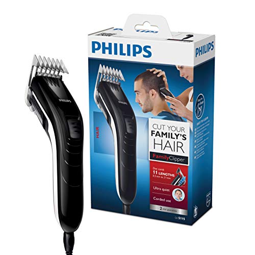 Philips QC5115/15 - Cortapelos silencioso con peine de 11 posiciones, Cuchillas de acero inoxidable, Uso con cable, Compacto y ligero