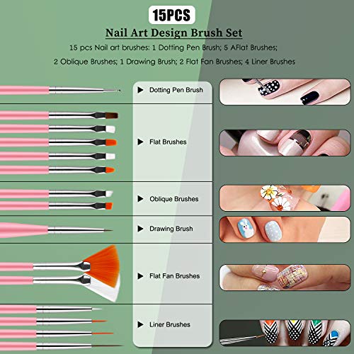 Pinceles para Uñas Acrilicas Profesional Nail Art Cepillo Manicura de Pinceles para Diseño de Uñas 15 pz Rosa Pinceles 5 pz Pluma Taladro