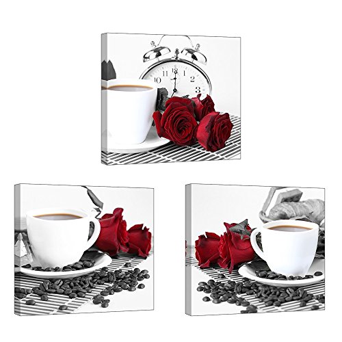 Piy Painting 3X Cuadro sobre Lienzo Imagen Flor de Rosa y Taza de Café Pinturas murales Decoración Sabor de Verano Arte de Marco para Sala de Estar Decor San Valentin 30x30cm